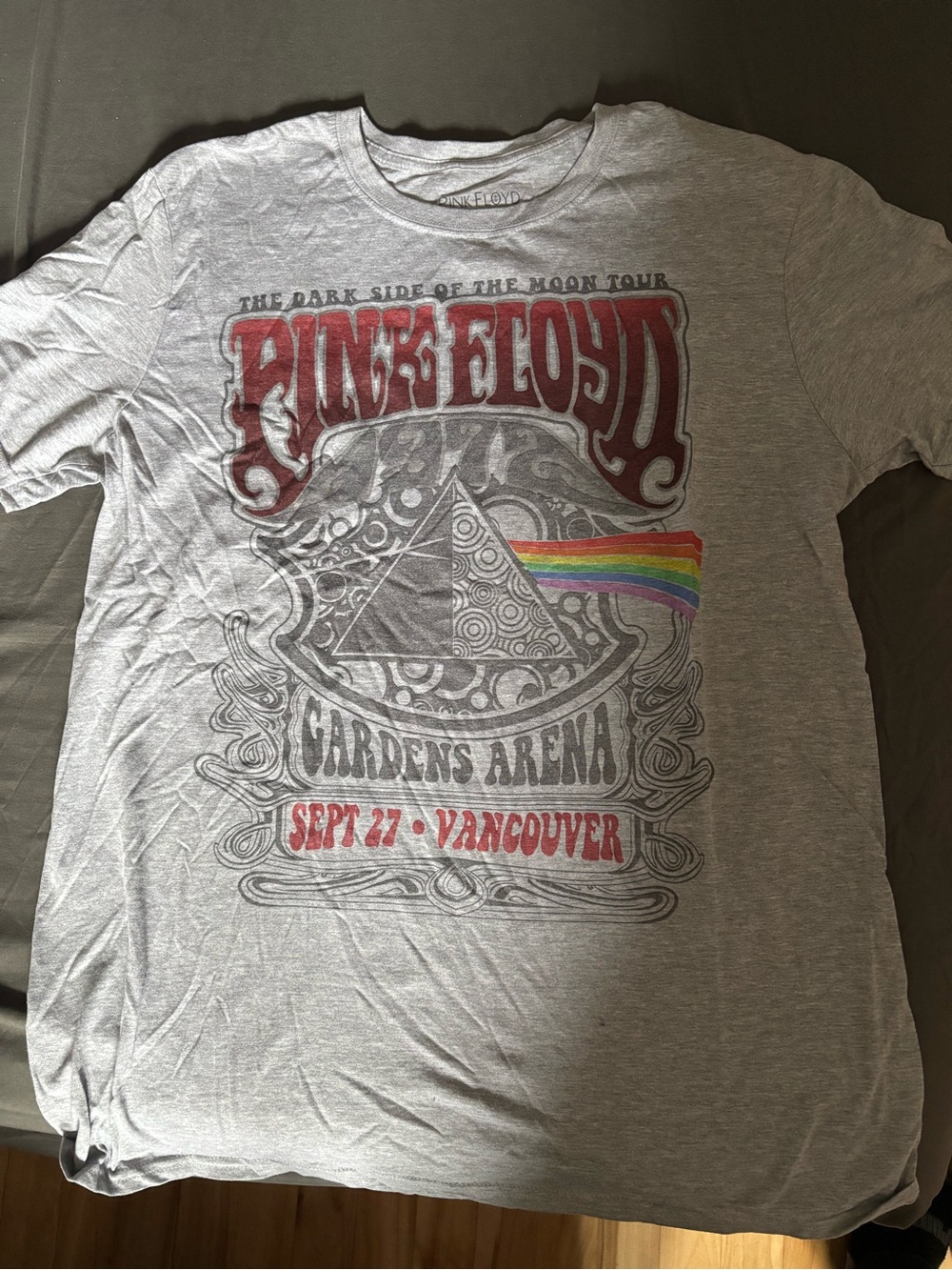 Pink Floyd Gray Short Sleeve Tee with Rainbow Prism Graphic